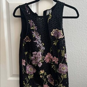 Anthropologie Black Tunic with Purple and Green Floral Embroidery